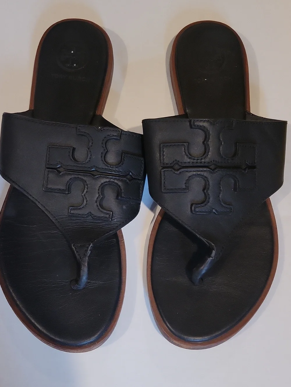 Tory Burch Weston Black Logo Thong Sandals size 7 Leather